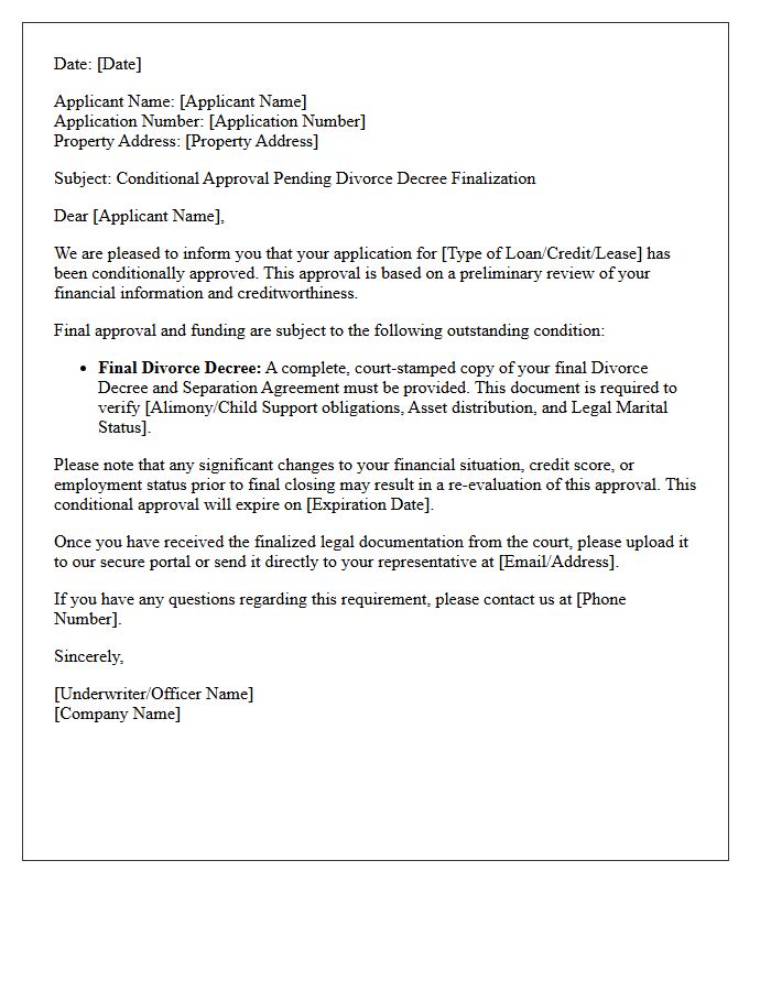 Conditional Approval Pending Divorce Decree Finalization Letter