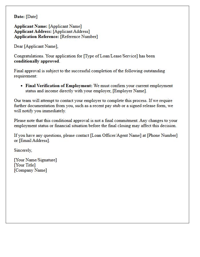 Conditional Approval Pending Final Verification of Employment Letter