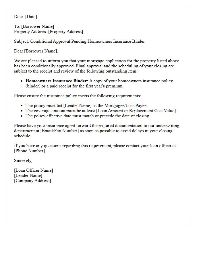 Conditional Approval Pending Homeowners Insurance Binder Letter