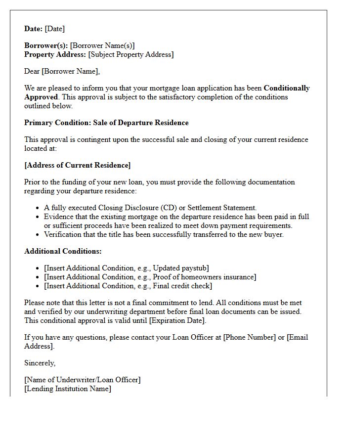 Conditional Approval Pending Sale of Departure Residence Letter