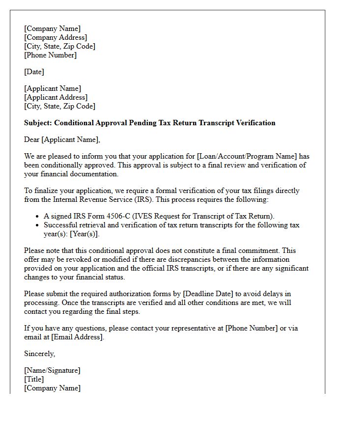 Conditional Approval Pending Tax Return Transcript Verification Letter