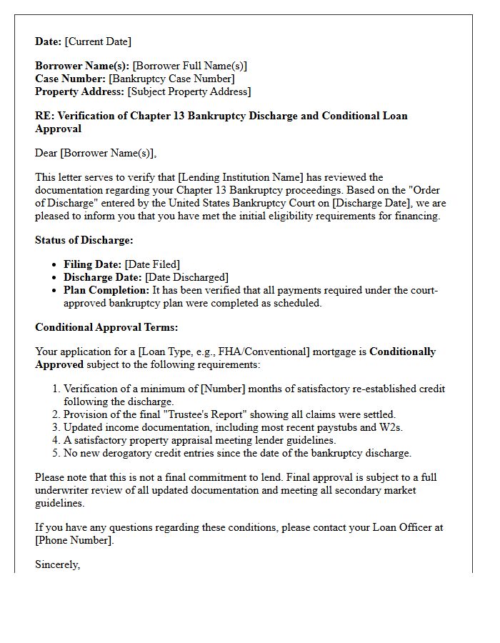 Chapter Thirteen Bankruptcy Discharge Verification and Conditional Approval Letter