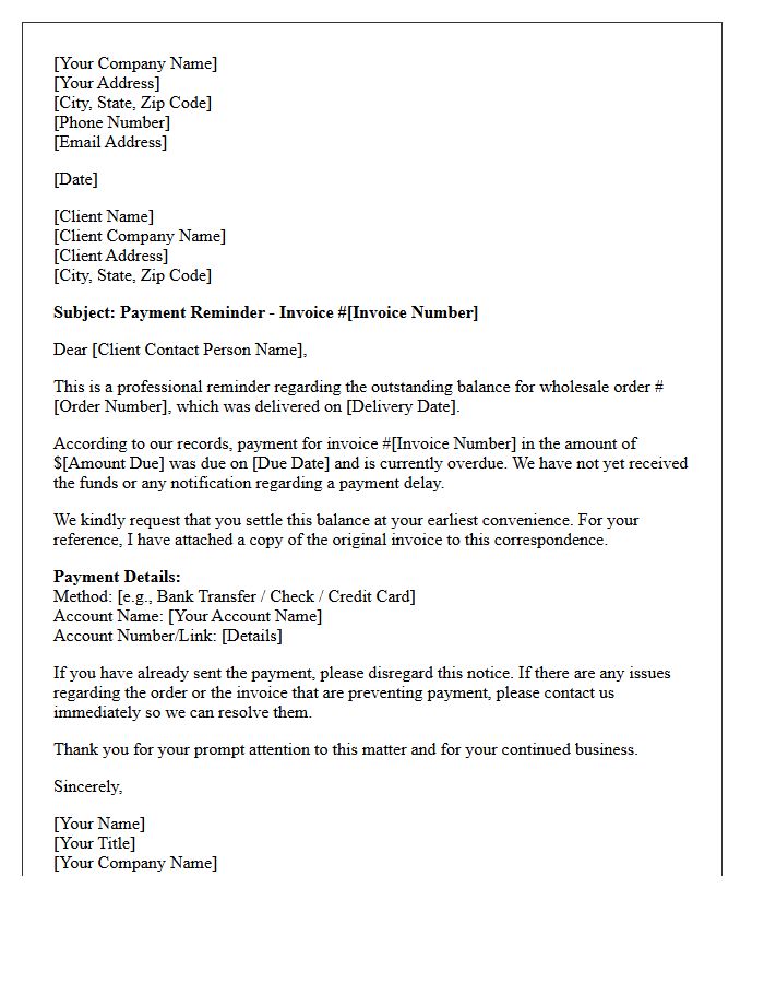 Professional Reminder Letter For Unpaid Wholesale Order