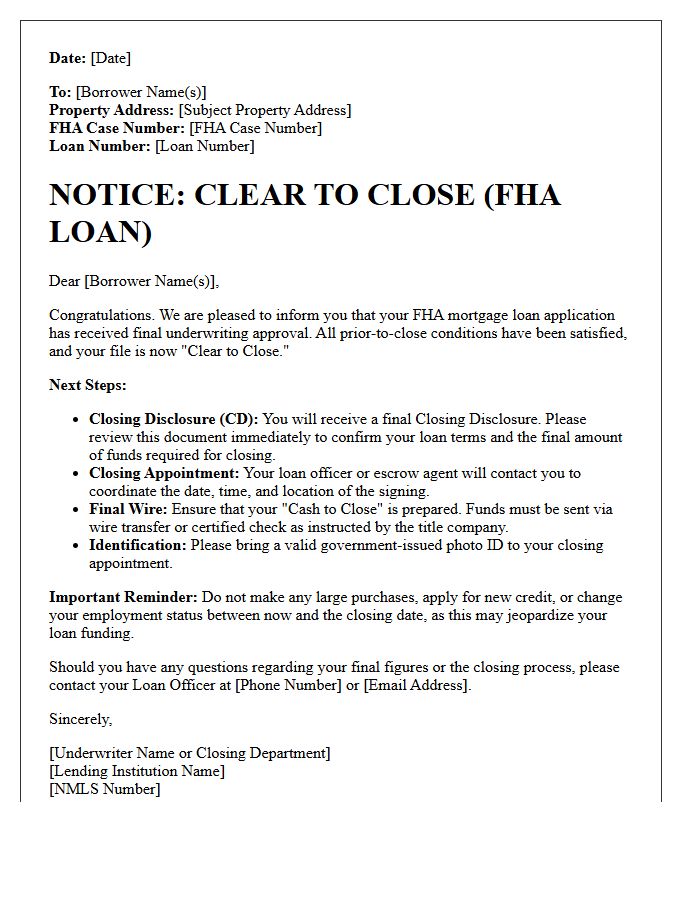 Federal Housing Administration Clear To Close Letter