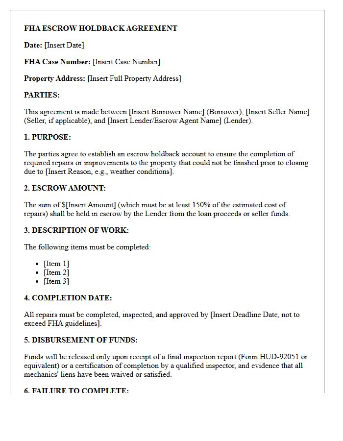 Federal Housing Administration Escrow Holdback Agreement Letter