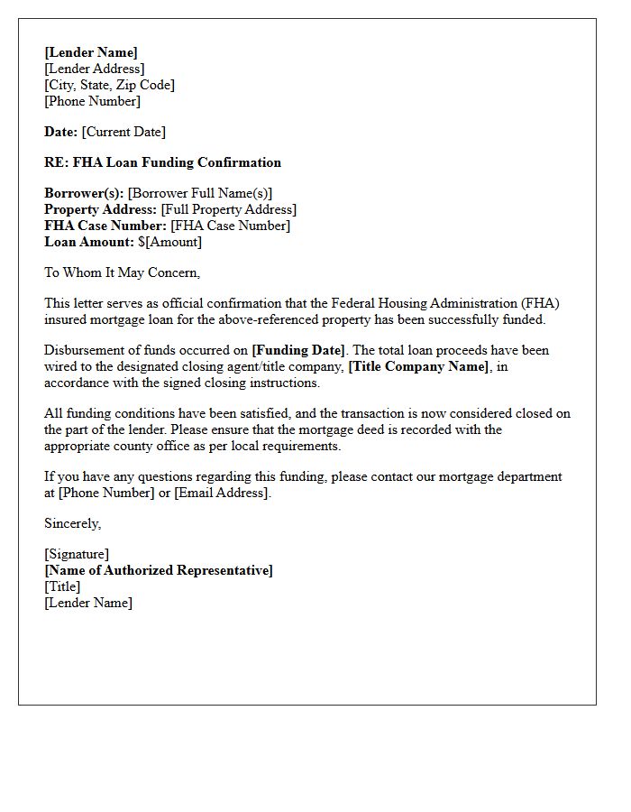 Federal Housing Administration Loan Funding Confirmation Letter