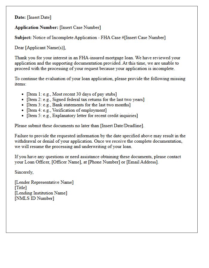 Federal Housing Administration Notice Of Incomplete Application Letter