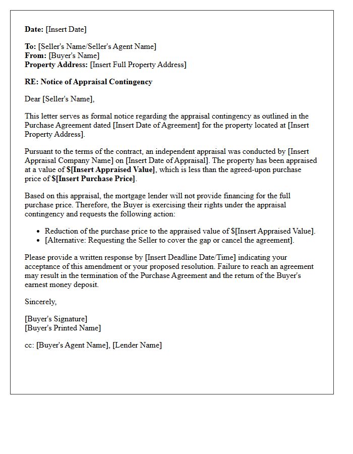 Mortgage Lender Appraisal Contingency Notice Letter
