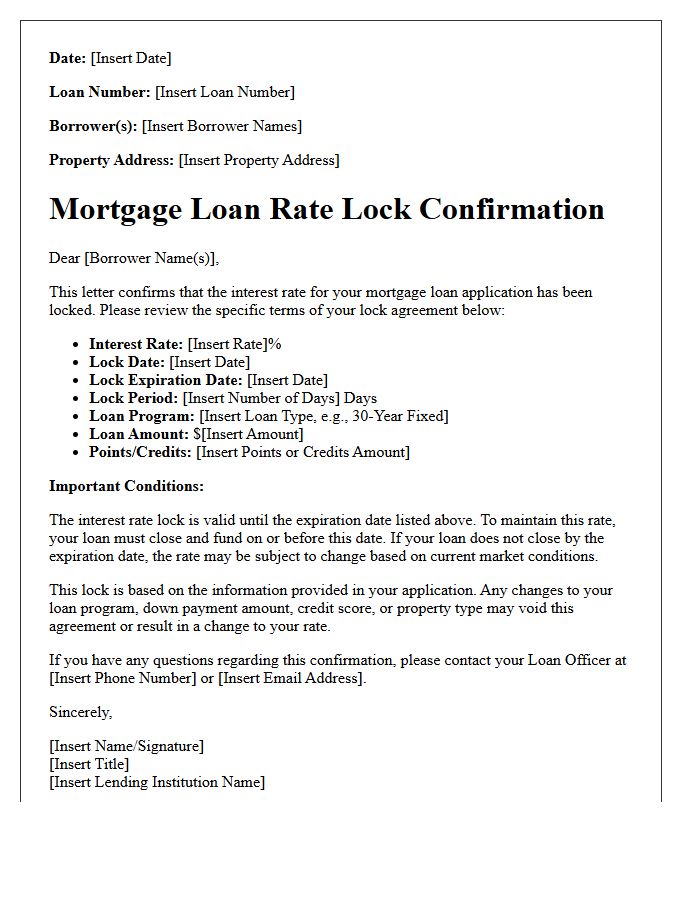 Mortgage Loan Rate Lock Confirmation Letter