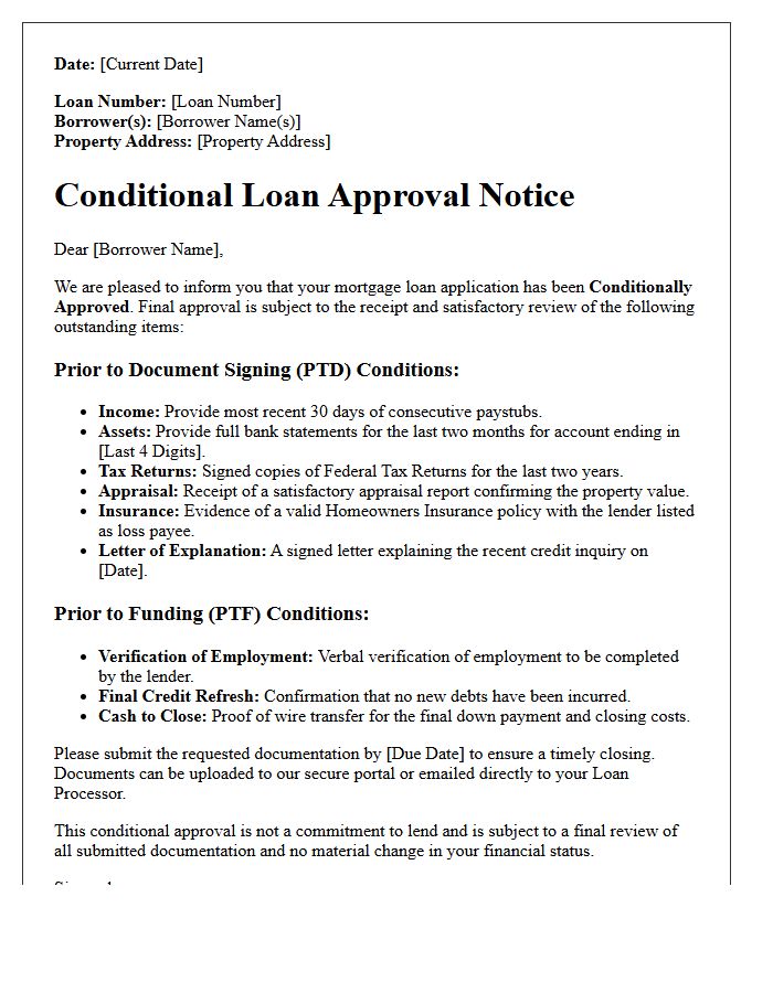Mortgage Loan Underwriting Conditions Letter