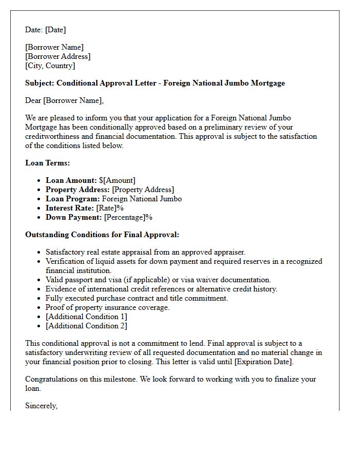 Foreign National Jumbo Mortgage Conditional Approval Letter