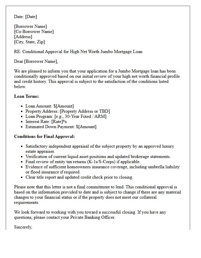 High Net Worth Jumbo Mortgage Conditional Approval Letter