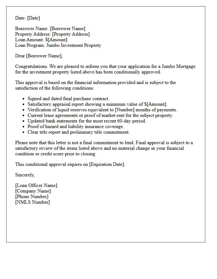 Investment Property Jumbo Mortgage Conditional Approval Letter