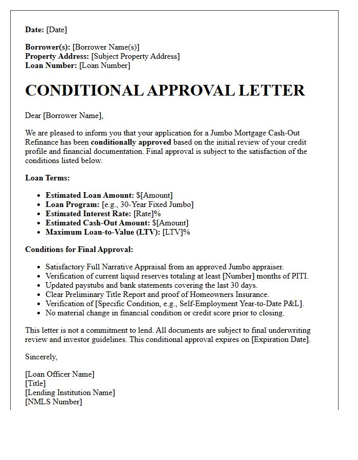 Jumbo Mortgage Cash-Out Refinance Conditional Approval Letter