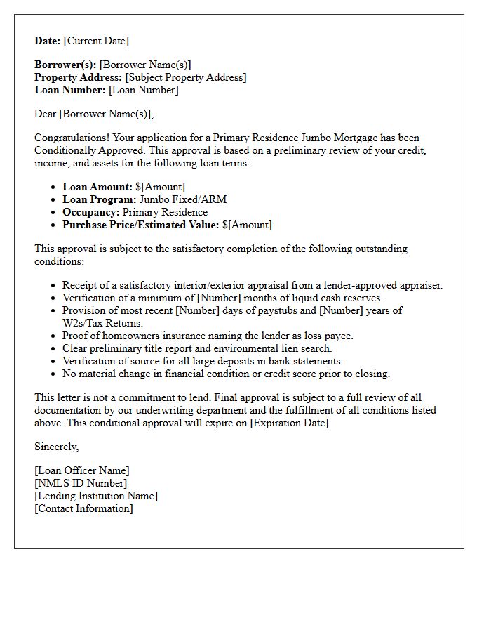 Primary Residence Jumbo Mortgage Conditional Approval Letter