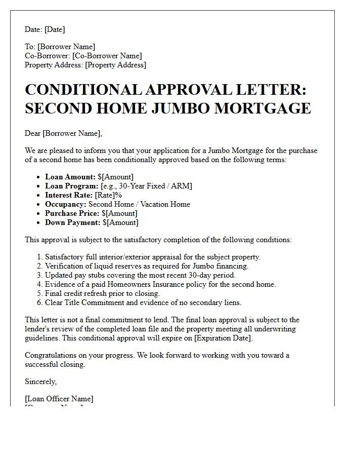 Second Home Jumbo Mortgage Conditional Approval Letter
