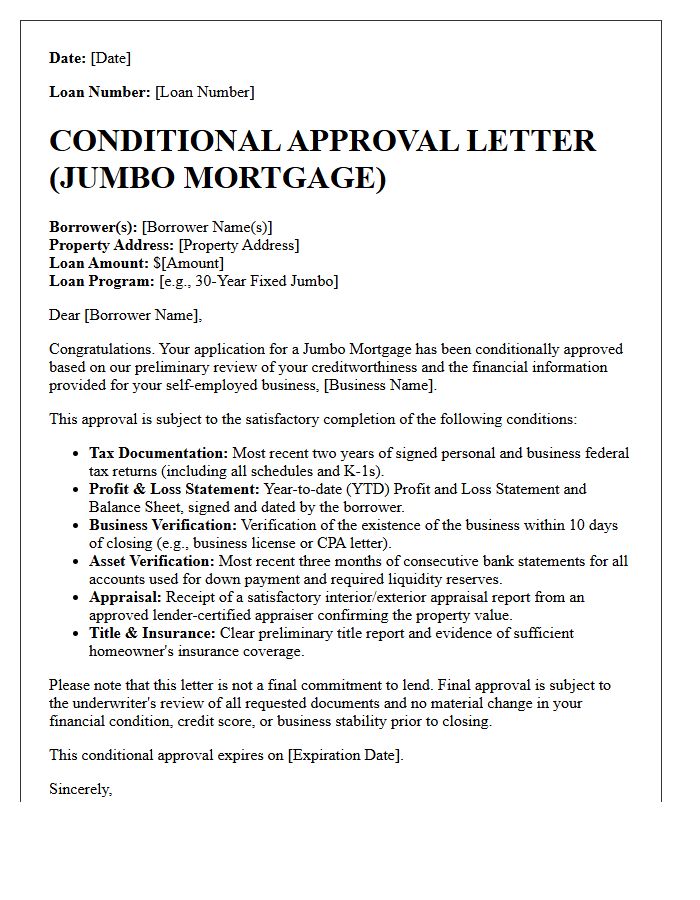 Self-Employed Jumbo Mortgage Conditional Approval Letter