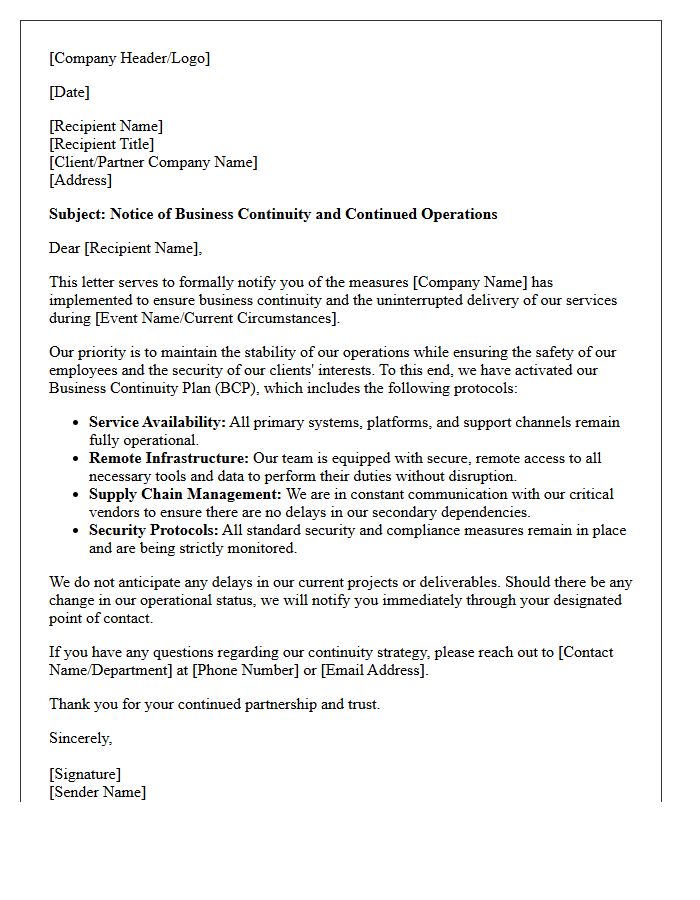 Business Continuity and Continued Operation Letter
