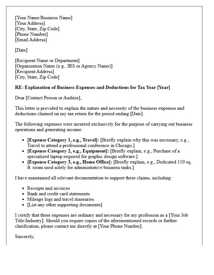 Business Expense and Deduction Explanation Letter