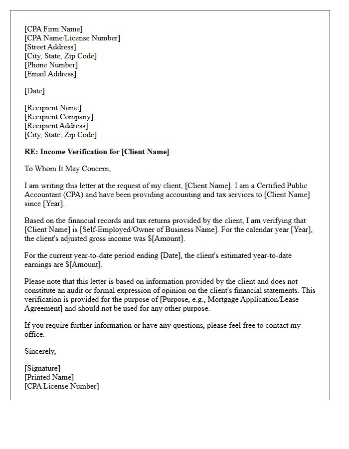 Certified Public Accountant Income Verification Letter