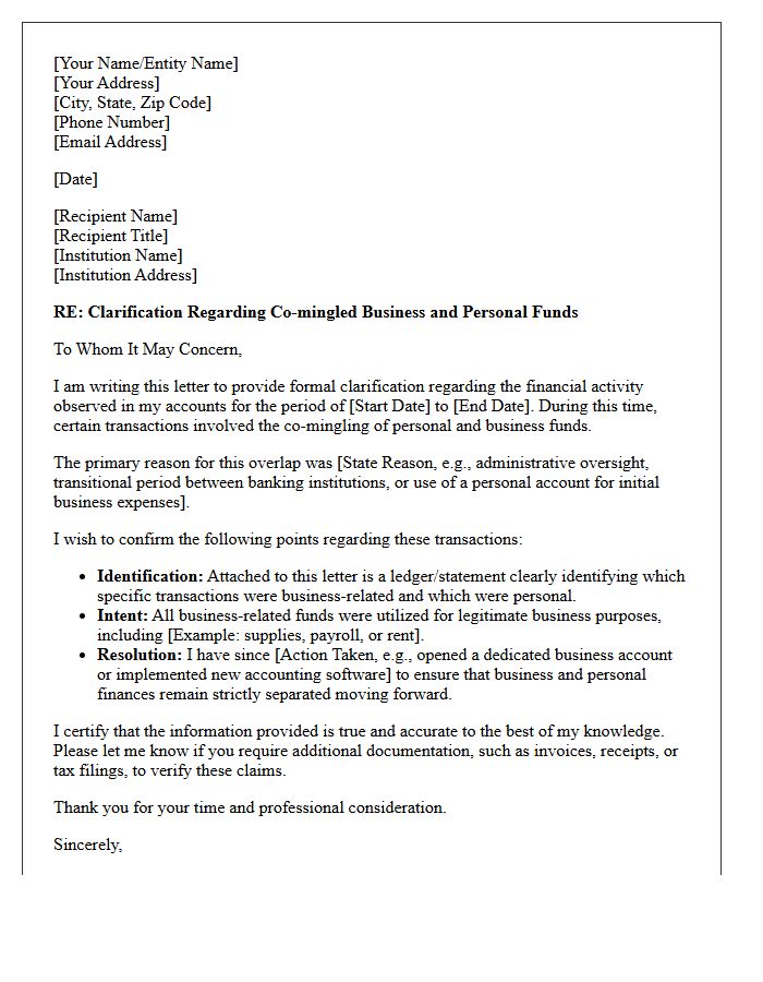 Co-Mingled Business and Personal Funds Clarification Letter