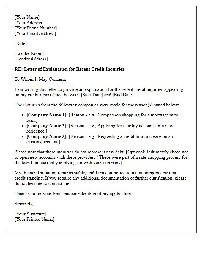 Letter of Explanation for Recent Credit Inquiries