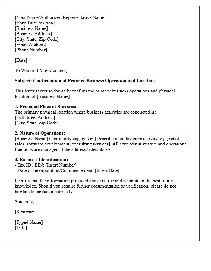 Primary Business Operation and Location Letter