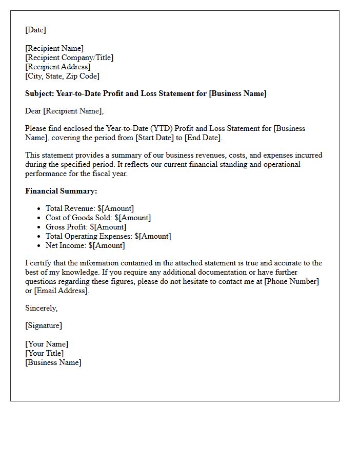 Year-to-Date Profit and Loss Statement Letter