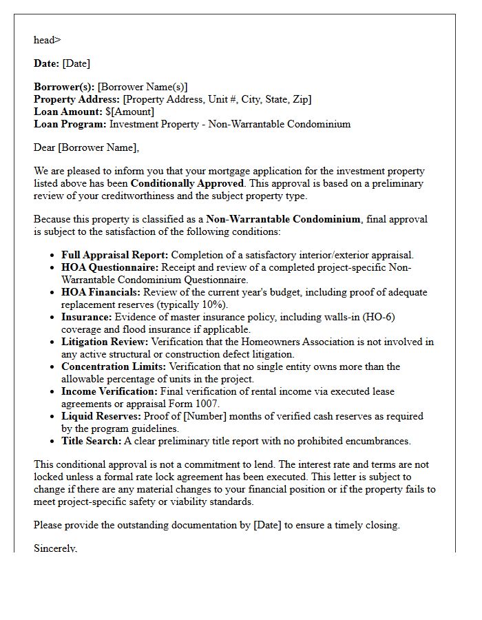 Investment Property Non-Warrantable Condominium Conditional Approval Letter