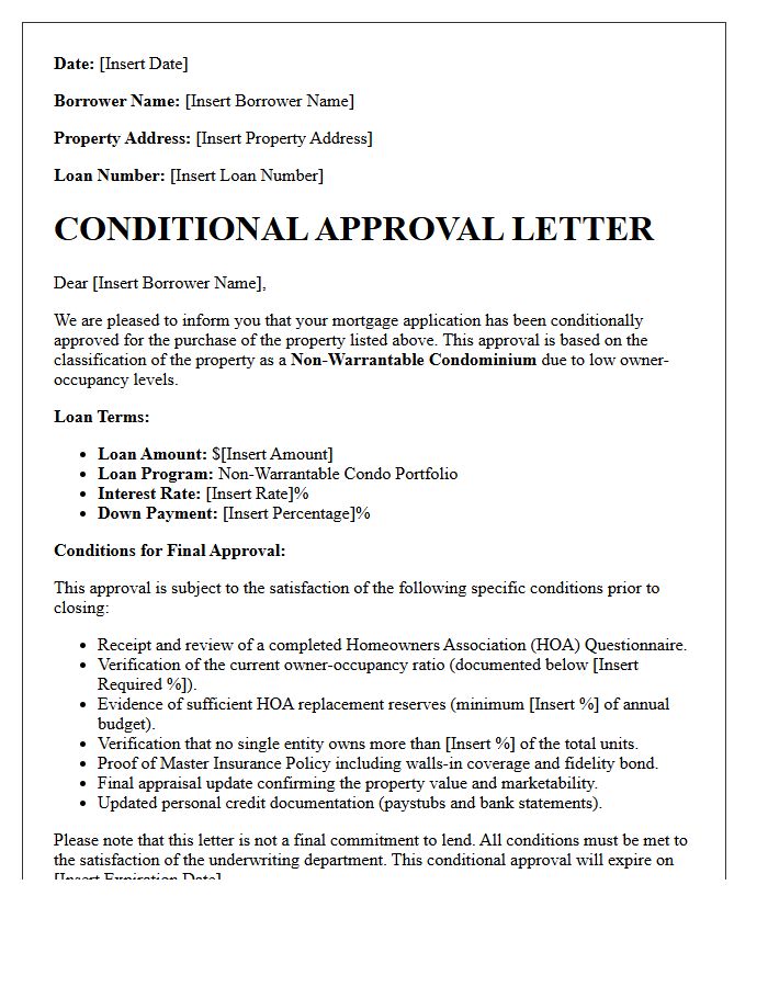 Low Owner-Occupancy Non-Warrantable Condominium Conditional Approval Letter