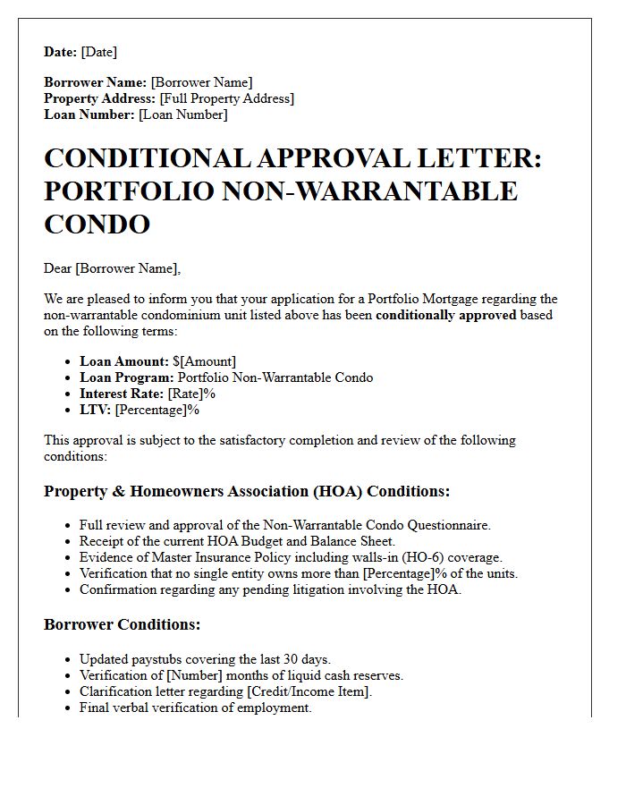 Portfolio Mortgage Non-Warrantable Condominium Conditional Approval Letter