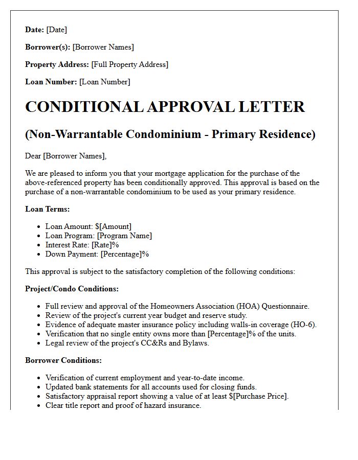 Primary Residence Non-Warrantable Condominium Conditional Approval Letter