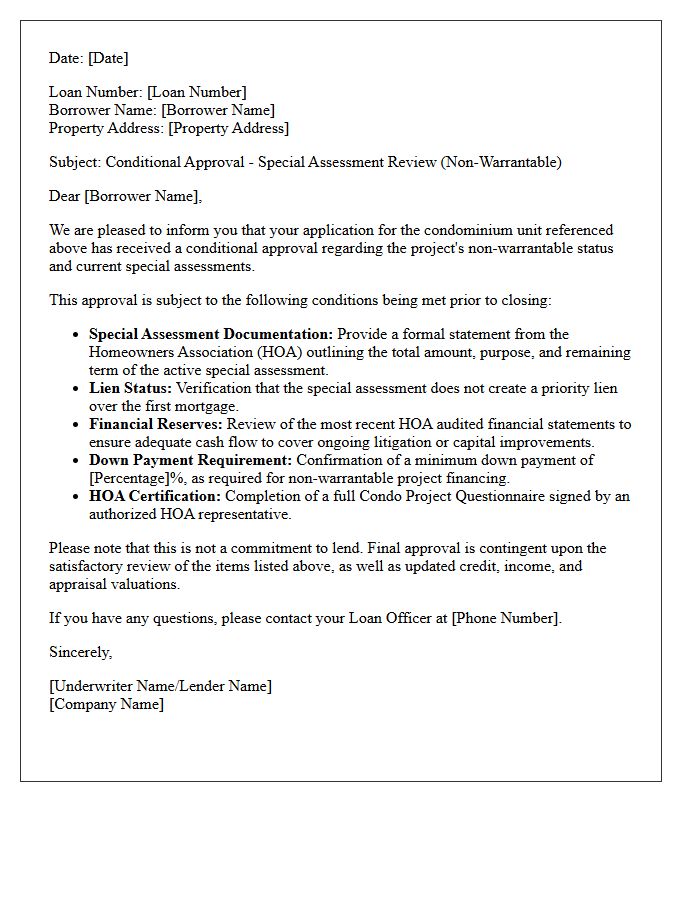 Special Assessment Review Non-Warrantable Condominium Conditional Approval Letter