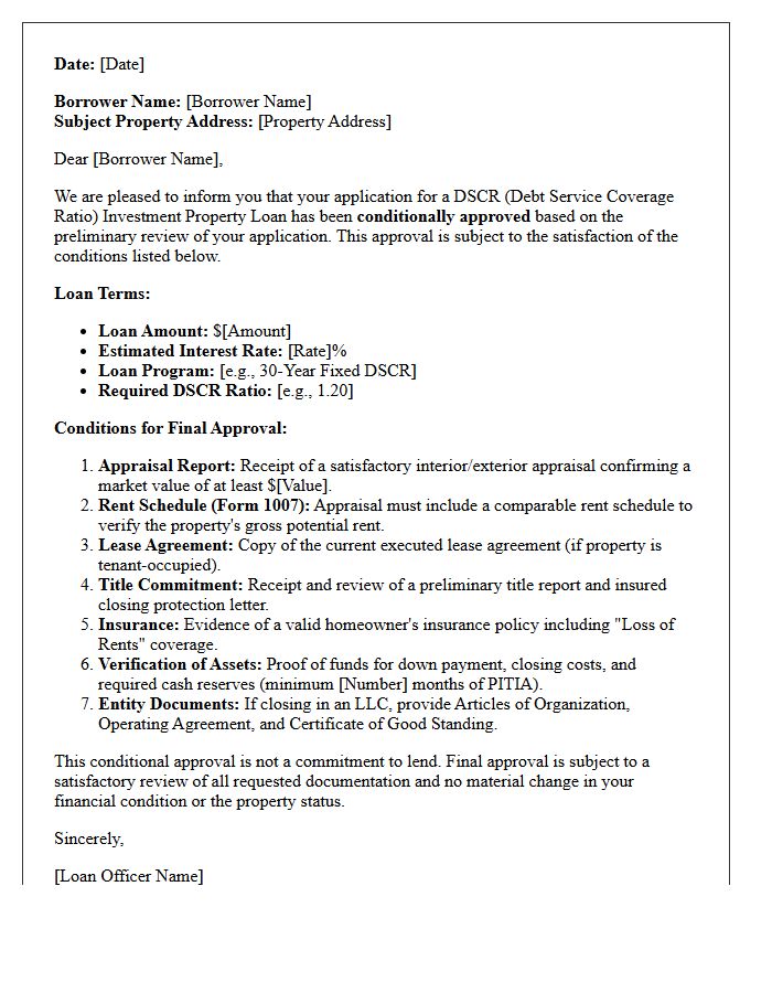 Debt Service Coverage Ratio Investment Property Conditional Approval Letter