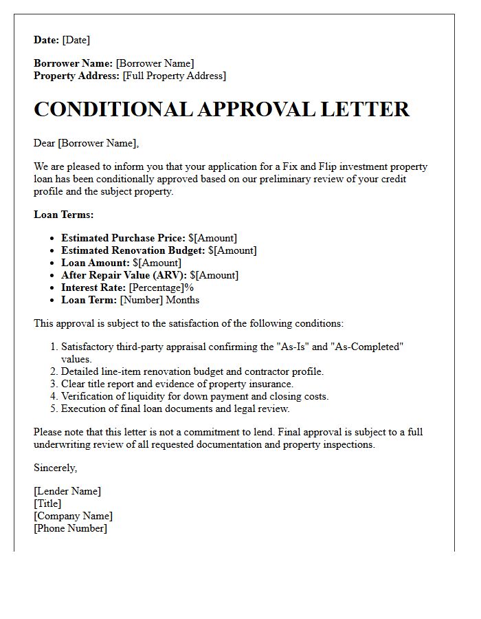 Fix And Flip Investment Property Conditional Approval Letter