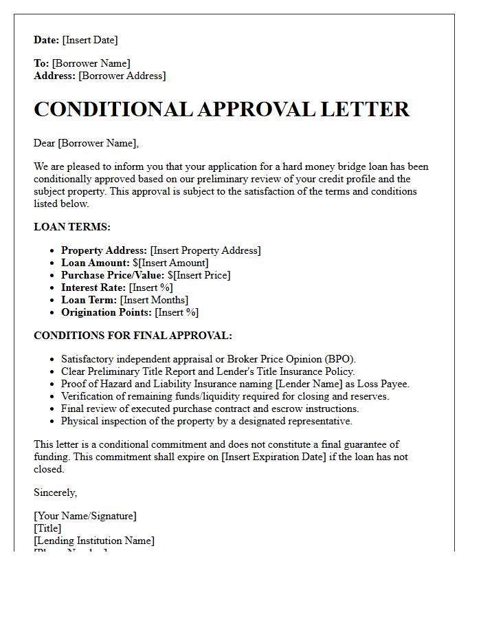 Hard Money Investment Property Conditional Approval Letter