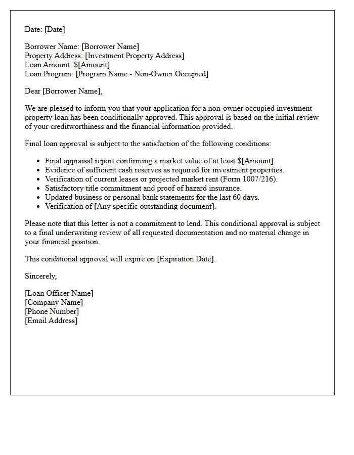 Non-Owner Occupied Investment Property Conditional Approval Letter