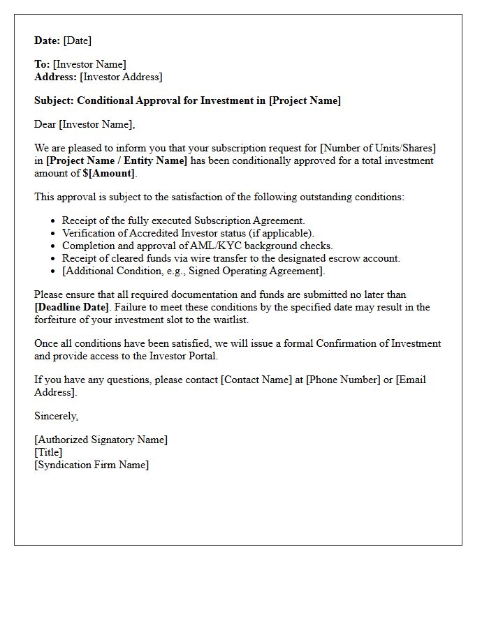 Real Estate Syndicate Investment Property Conditional Approval Letter