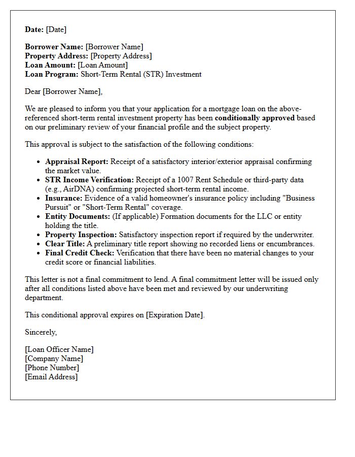 Short-Term Rental Investment Property Conditional Approval Letter