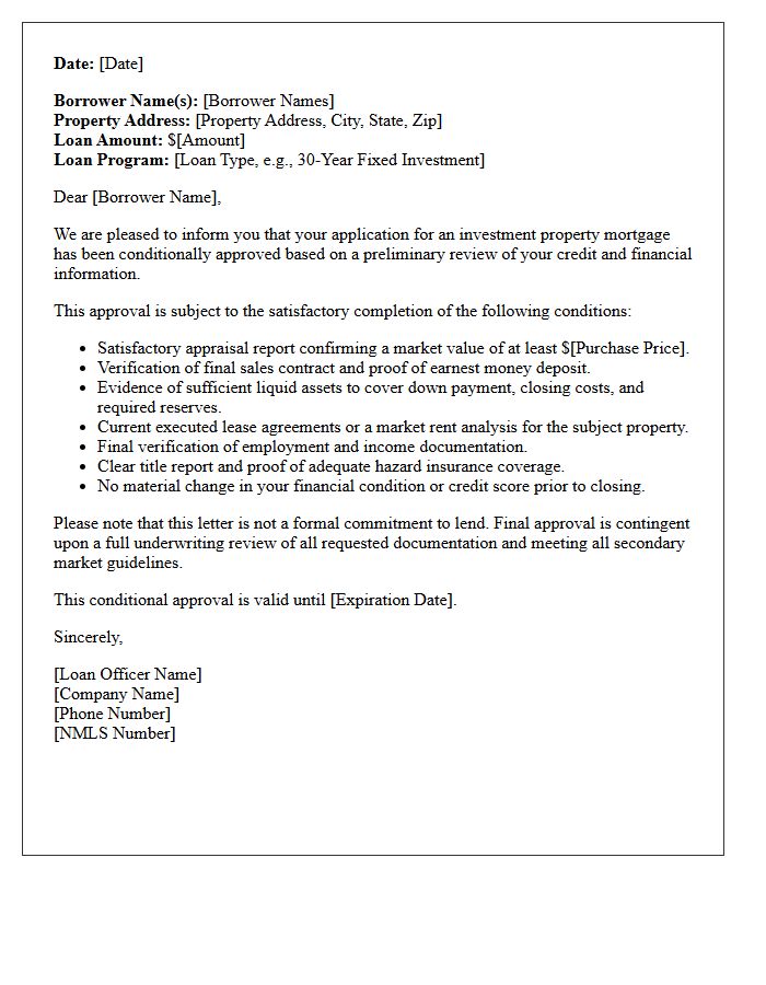 Standard Investment Property Conditional Approval Letter