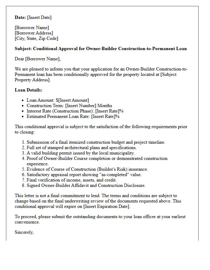 Owner-Builder Construction-to-Permanent Conditional Approval Letter