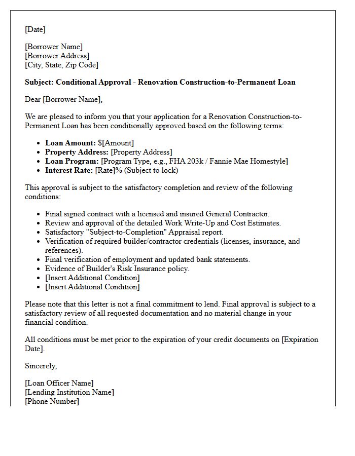 Renovation Construction-to-Permanent Conditional Approval Letter
