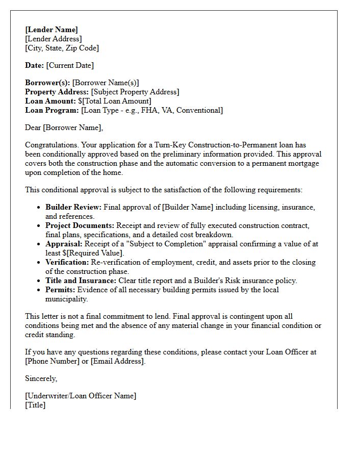 Turn-Key Construction-to-Permanent Conditional Approval Letter