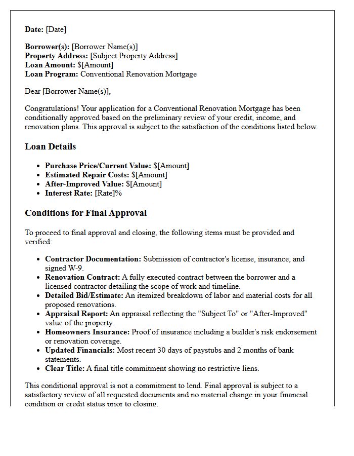 Conventional Renovation Mortgage Conditional Approval Letter