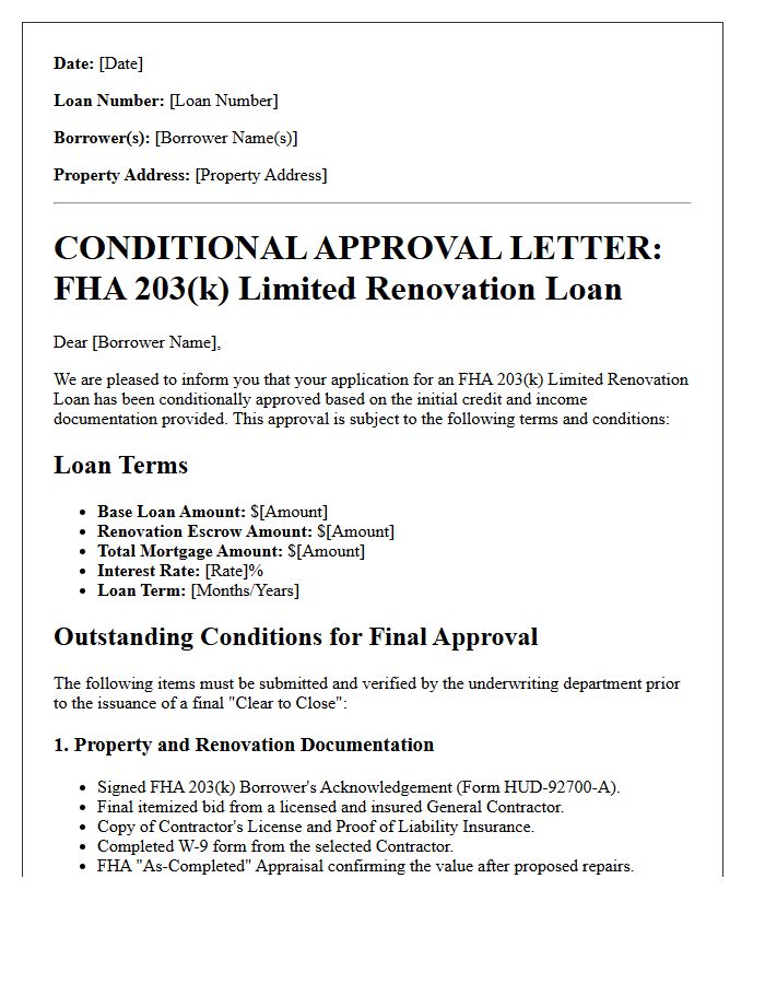 FHA Limited Renovation Loan Conditional Approval Letter