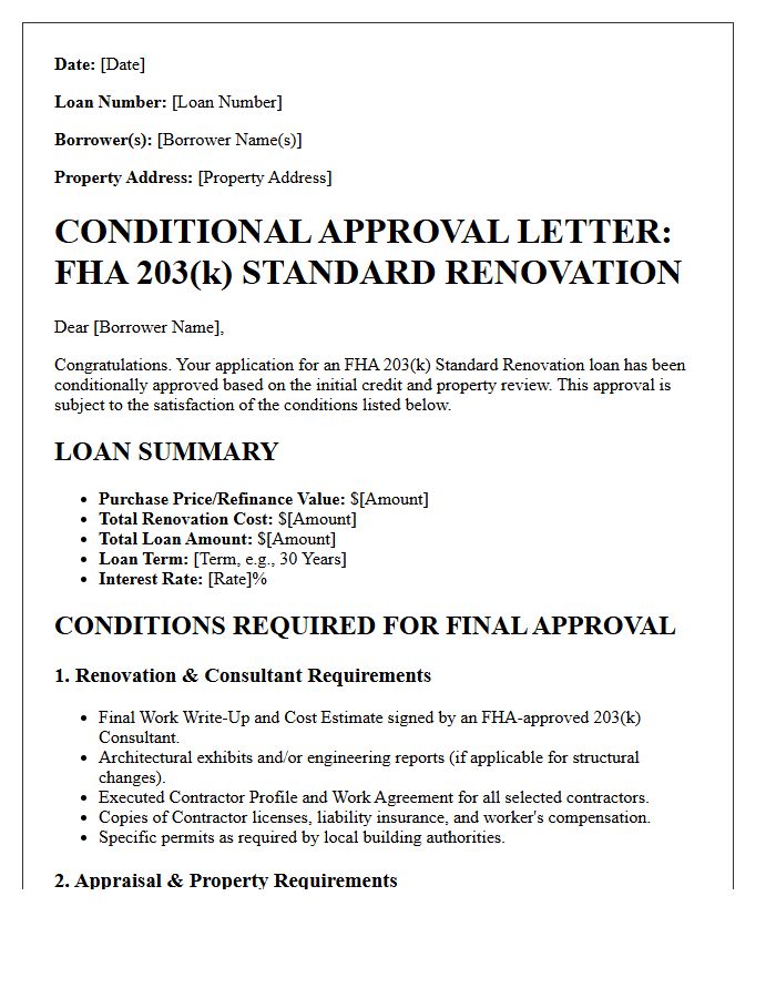 FHA Standard Renovation Loan Conditional Approval Letter