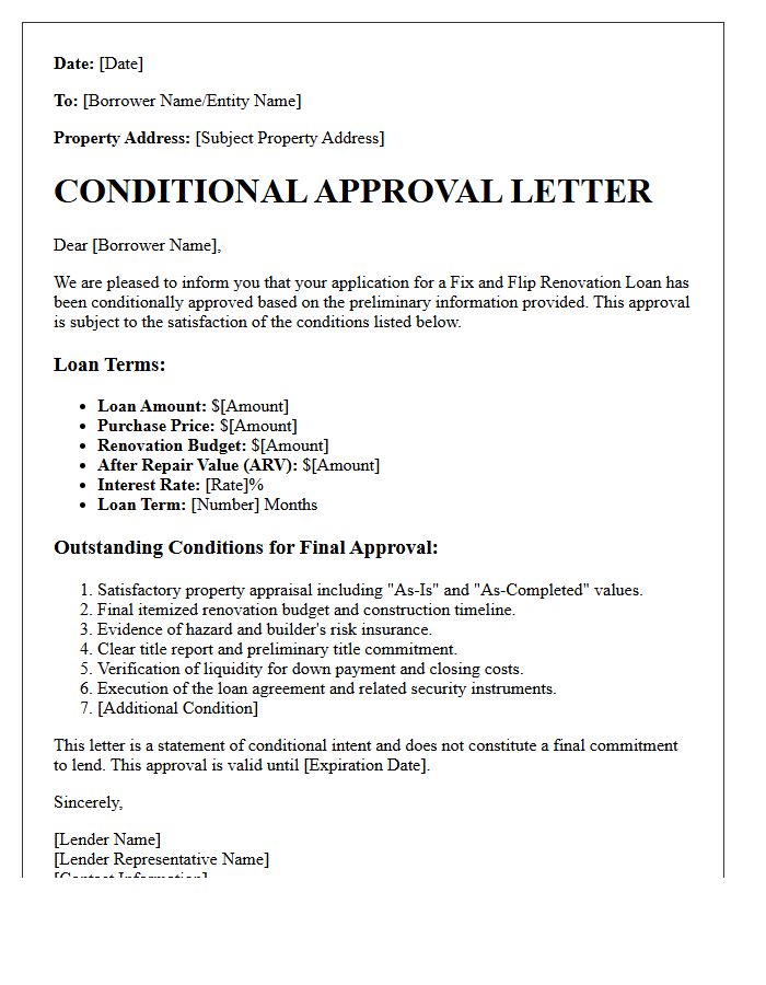 Fix And Flip Renovation Loan Conditional Approval Letter