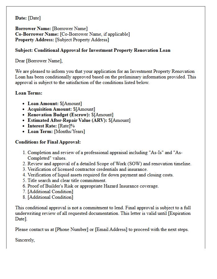 Investment Property Renovation Loan Conditional Approval Letter