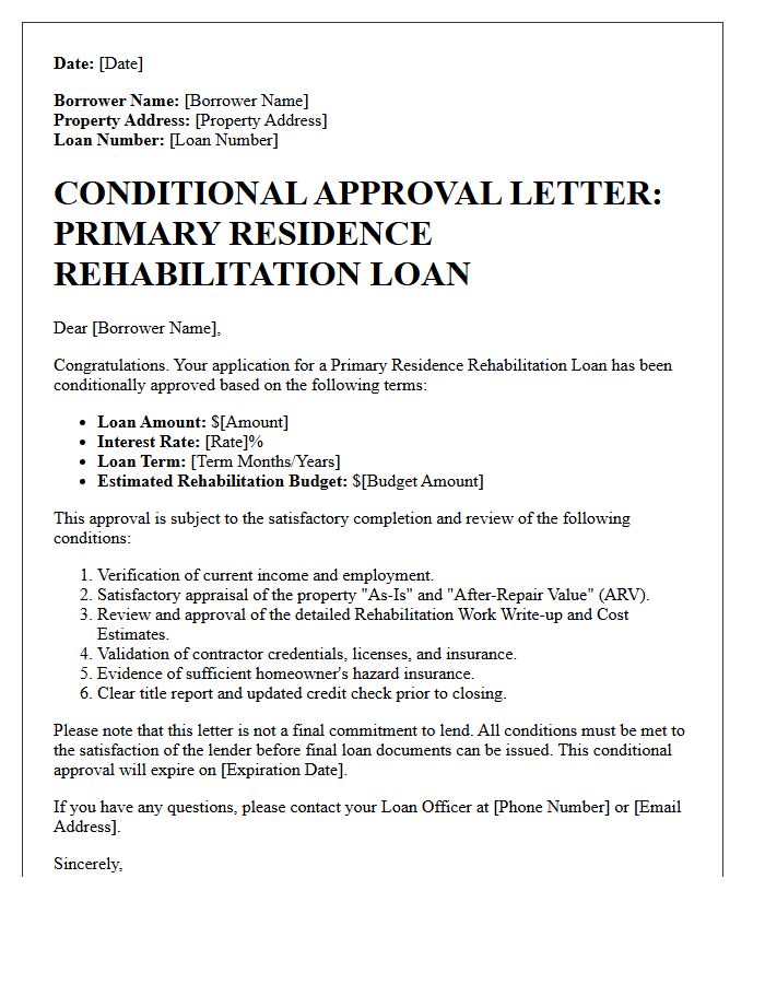Primary Residence Rehabilitation Loan Conditional Approval Letter