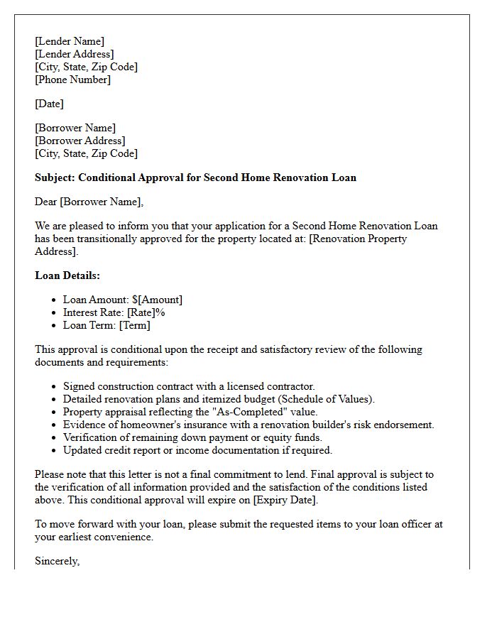 Second Home Renovation Loan Conditional Approval Letter